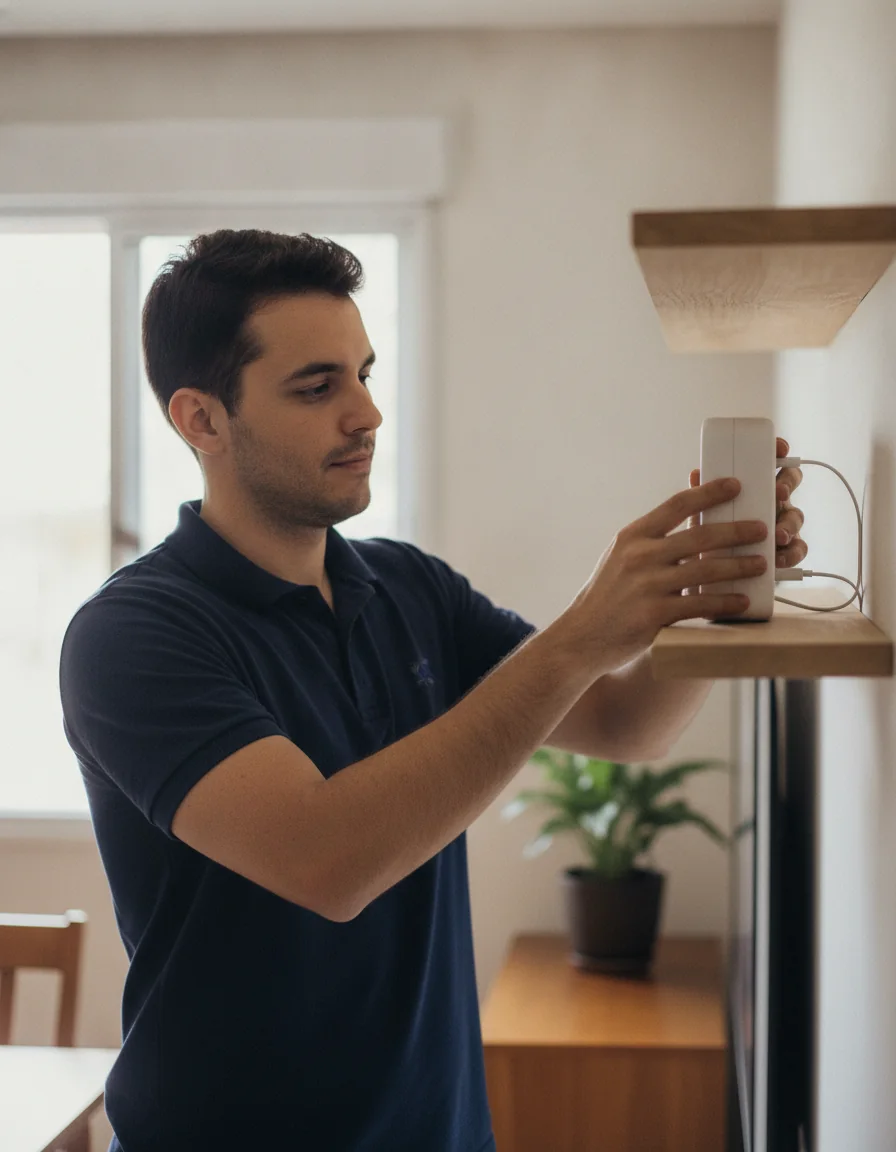 Técnico instalando roteador Wi-Fi numa casa